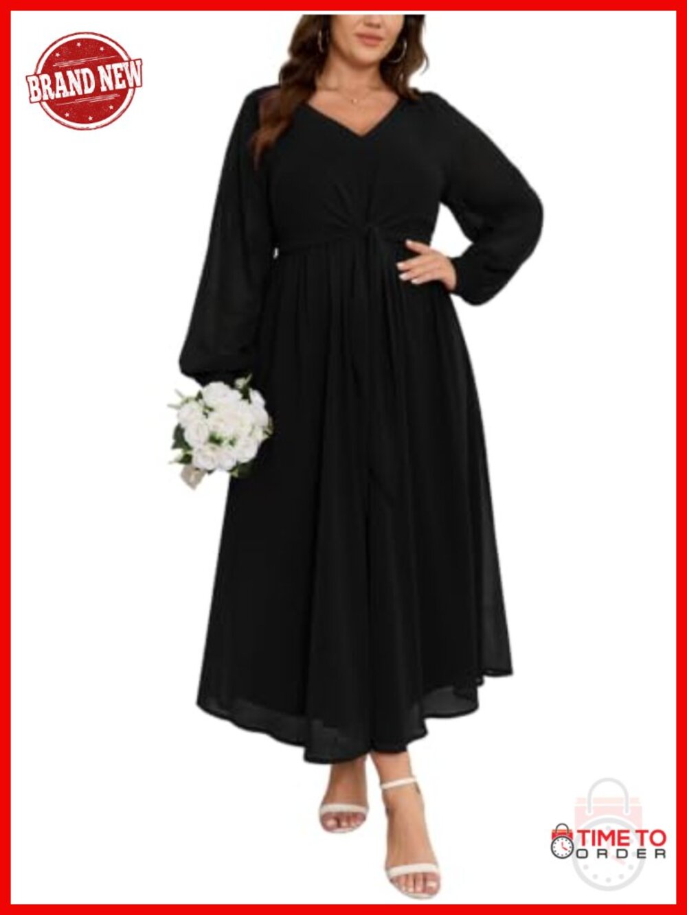 Plus Size Chiffon Maxi Dress Wedding Guest Long Sleeve Tie Waist Flowy